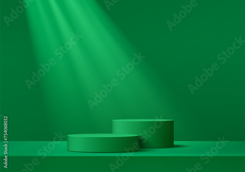Abstract dark green cylinder pedestal podium. Green empty room, Shadow of window. Vector rendering 3d shape, Product display presentation. Studio room concept, Minimal wall scene. Stage for showcase.
