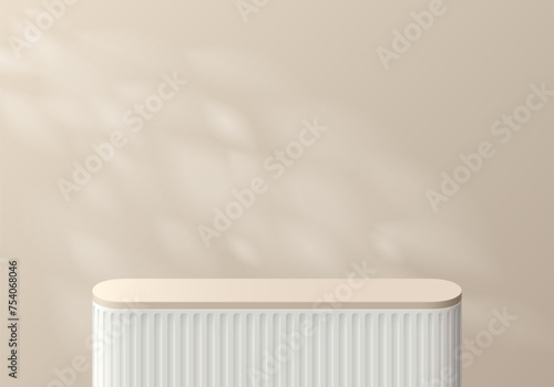 3D background with realistic white beige round corner podium and natural leaf lighting wall scene. Abstract composition in minimal design. Platforms mockup product display presentation. Stage showcase