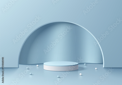 3D podium background with cylinder pedestal on vertical pattern curve wave shape blue wall scene. Platforms mockup product display presentation. Abstract composition in minimal design. Stage showcase. © Riseness