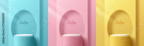 Set of 3D happy easter day background. Yellow, blue, pink and white podium with oval egg shape backdrop scene. Pastel minimal abstract room. Mockup product display. Geometric platforms. Stage showcase