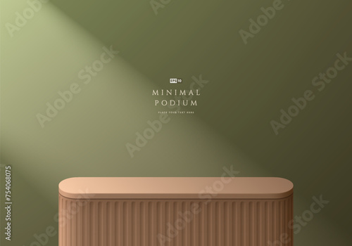 3D background with realistic podium or stand product display in brown color. Olive green wall scene. Platforms mockup product display presentation. Abstract composition minimal design. Stage showcase.