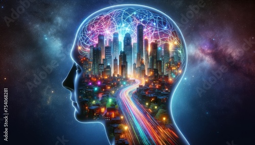 Conceptual image of a human head silhouette with a brain made of bustling cityscape  representing complex thoughts and urban consciousness