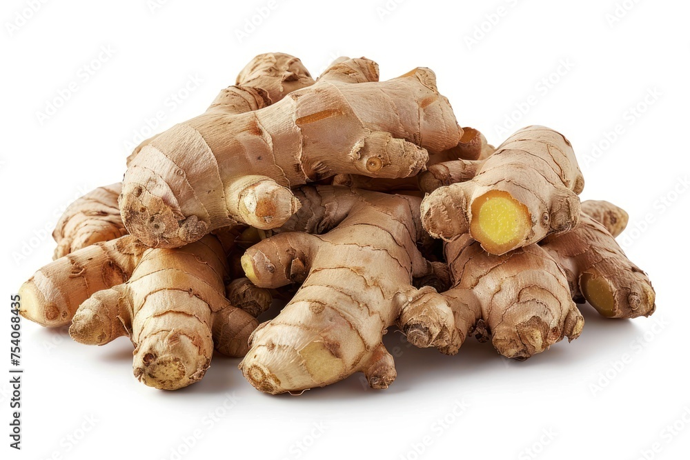 A pile of ginger root with one of them cut open. The ginger root is fresh and has a strong aroma