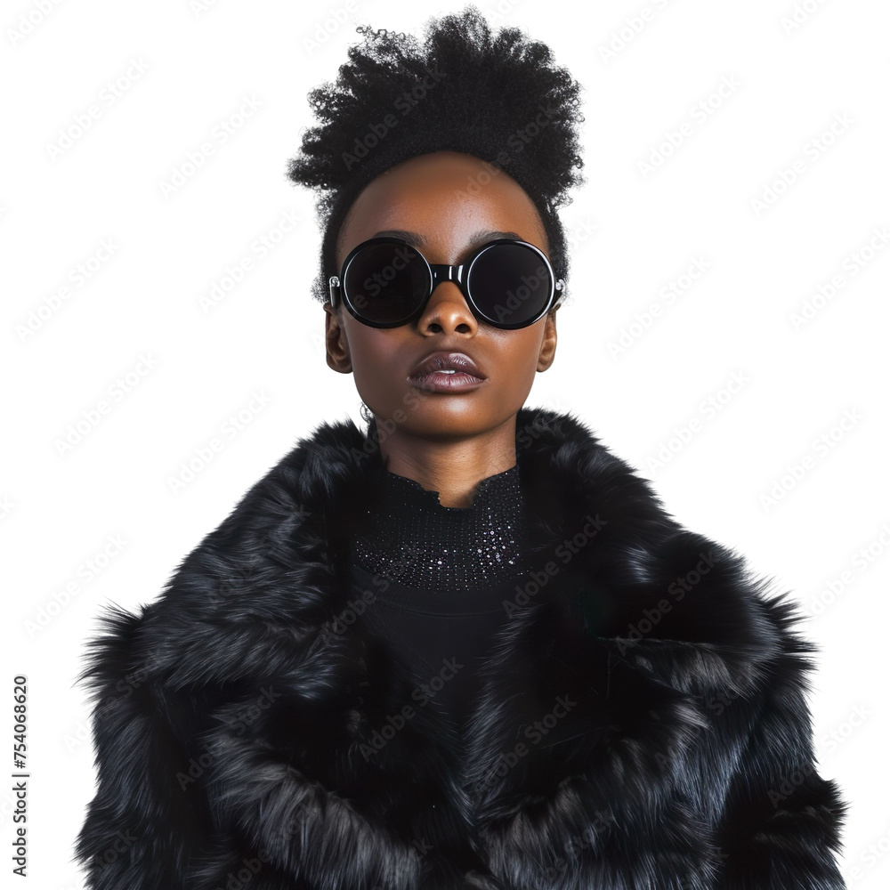 Front view mid-body shot of a beautiful female African model wrapped in a fox fur coat with sunglasses, standing against a white transparent backdrop Front view mid-body shot of a beautiful female African model wrapped in a fox fur coat with sunglasses, standing against a white transparent backdrop