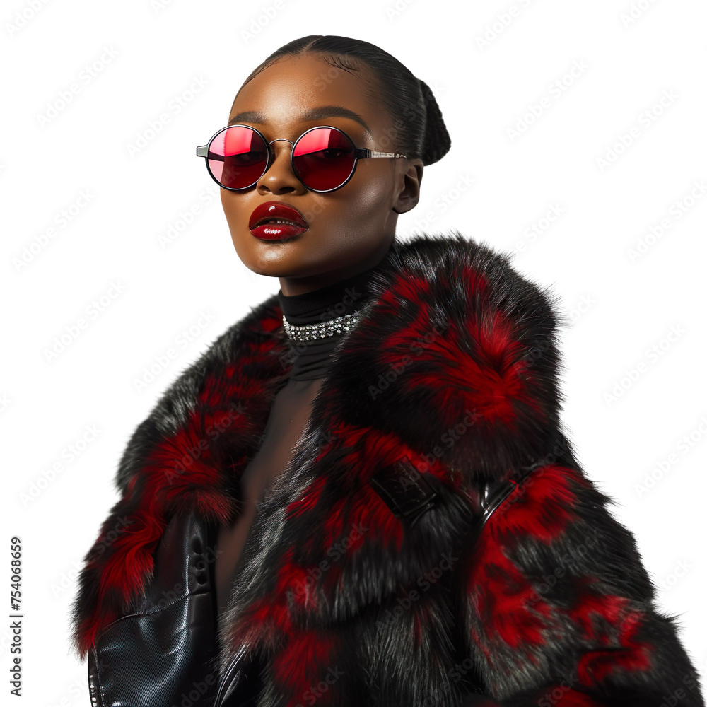 Front view mid-body shot of a beautiful female African model wrapped in a fox fur coat with sunglasses, standing against a white transparent  backdrop