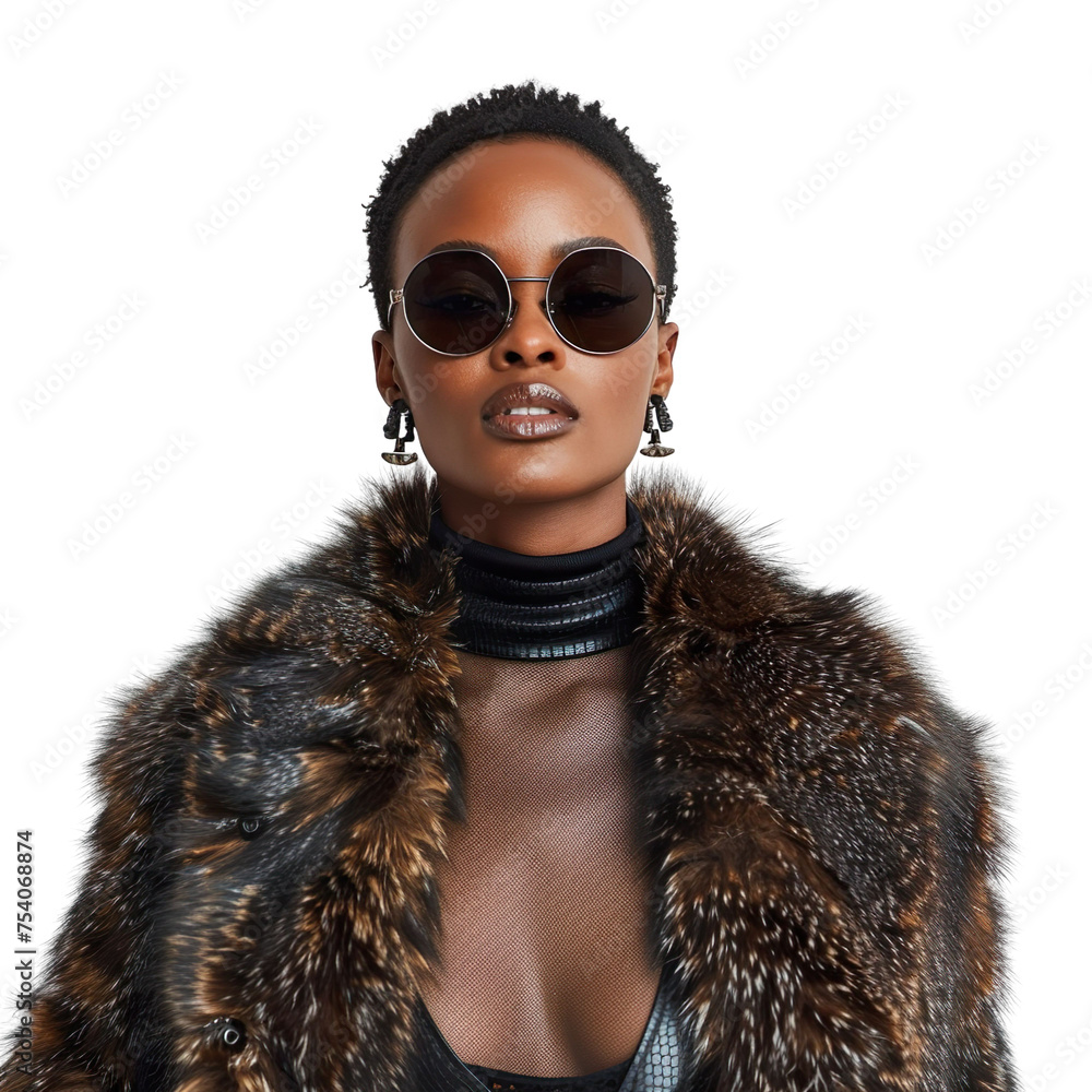 Front view mid-body shot of a beautiful female African model wrapped in a sable fur coat with sunglasses, standing against a white transparent backdrop Front view mid-body shot of a beautiful female African model wrapped in a sable fur coat with sunglasses, standing against a white transparent backdrop