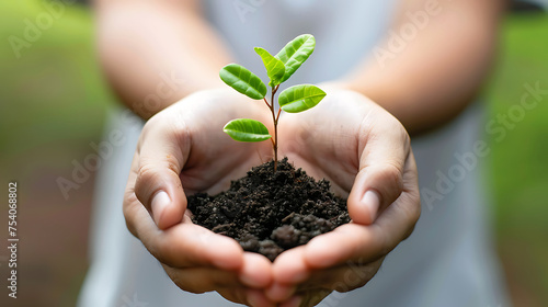 hand holding small tree for planting. concept environment green world earth day. concept eco earth day, Growing concept eco. Generative AI illustration 