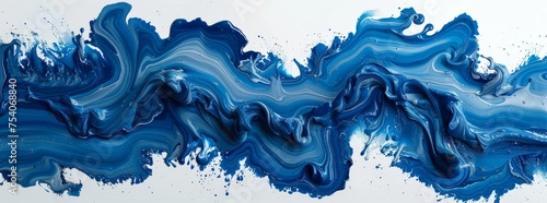 Dynamic blue acrylic wave painting with splatters  creating an energetic and fluid motion effect.