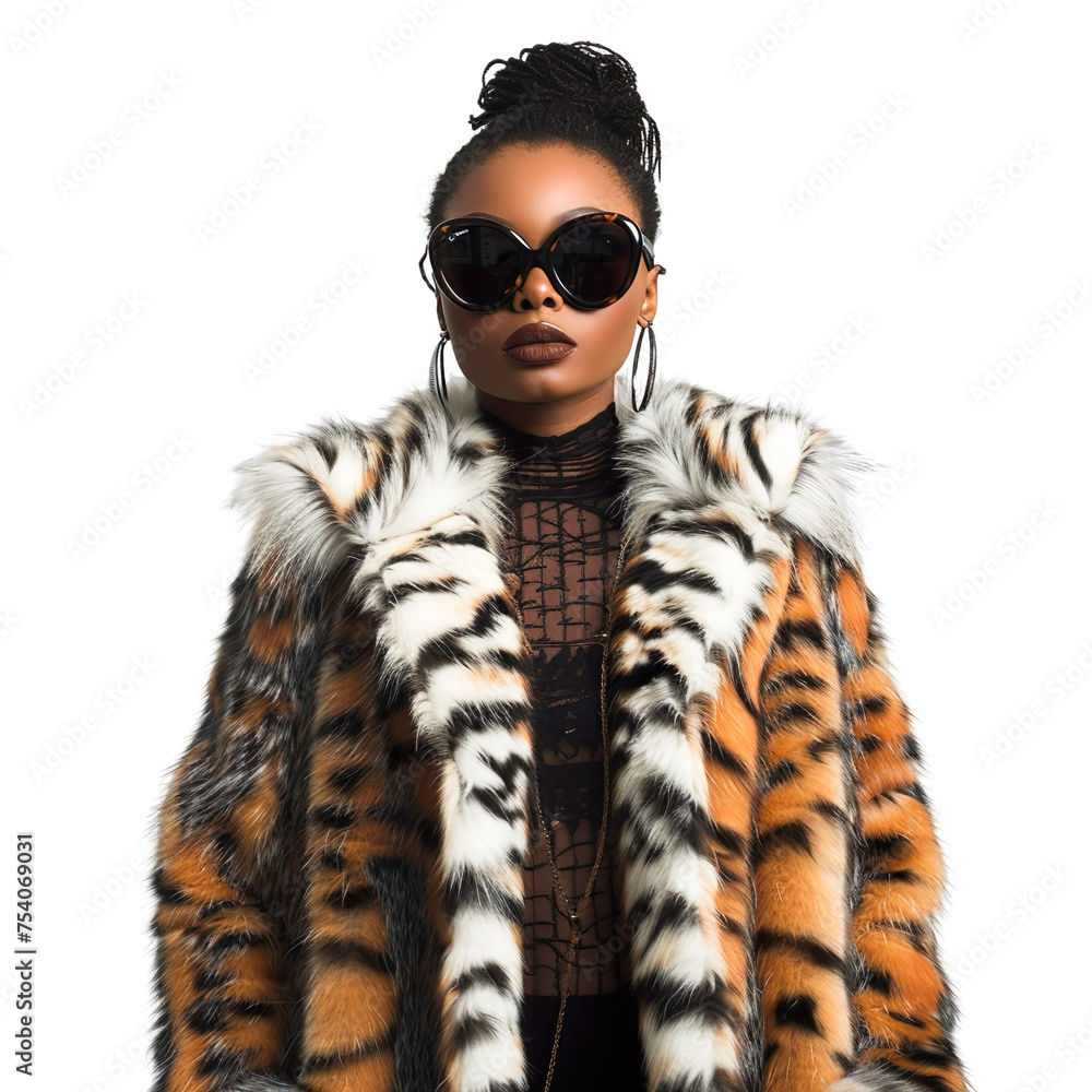 Front view mid-body shot of a beautiful female African model wrapped in a lynx fur coat with sunglasses, standing against a white transparent  backdrop