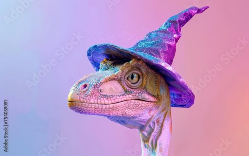 Dinosaur t-rex wearing a witch hat on bright pastel background. Halloween-birthday party. invite. copy space.