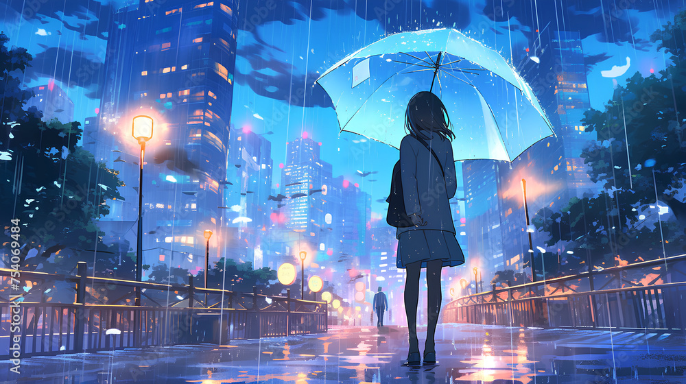 beautiful anime woman carrying an umbrella in the rain