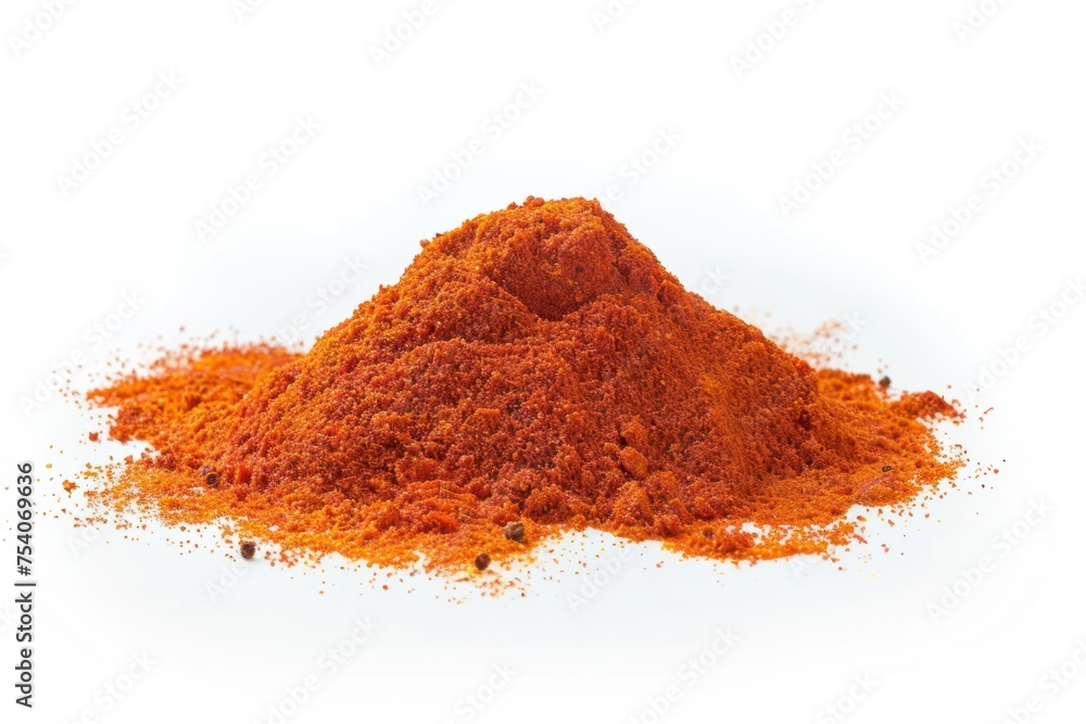 A pile of red pepper flakes on a white background. The pile is large and has a lot of texture A pile of red pepper flakes on a white background. The pile is large and has a lot of texture