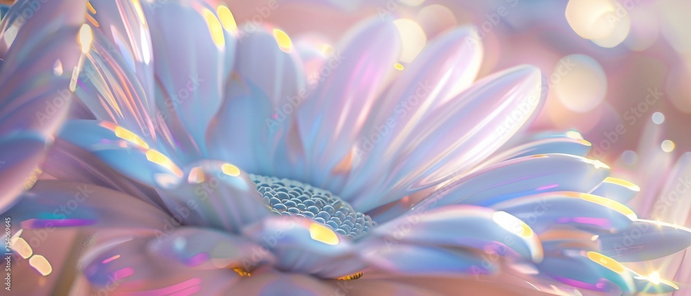 Holographic Blossom: Daisy petals bloom with holographic splendor, their glossy surface casting iridescent reflections. - obrazy, fototapety, plakaty 
