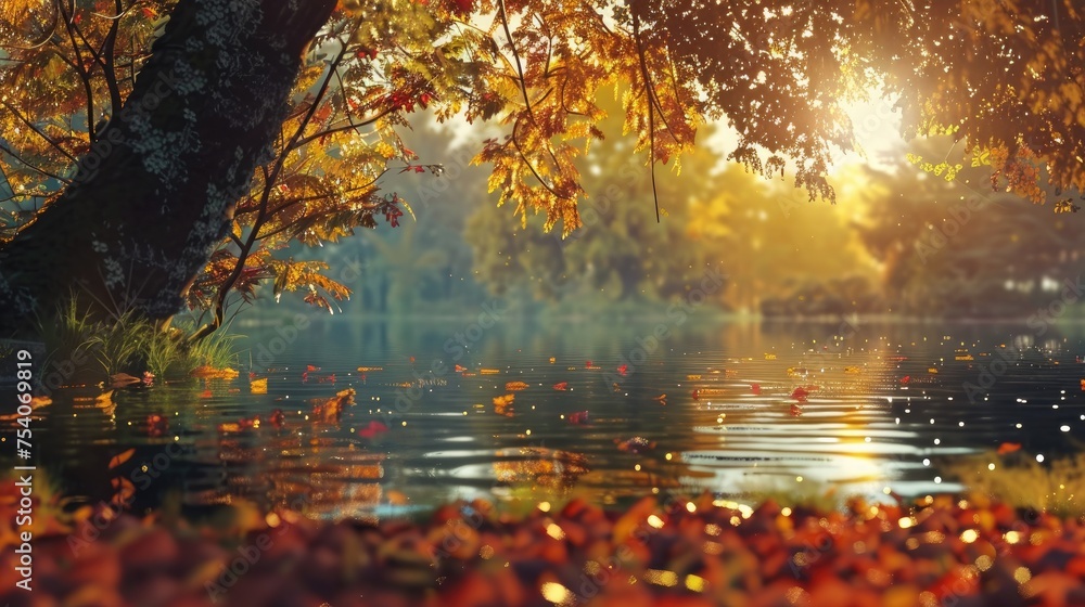 Late afternoon at a lakeside, where the low angle of the sun illuminates the autumn leaves