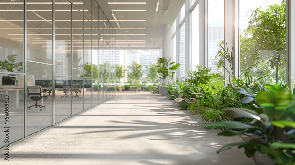 interior of modern building, Defocused image of a green office concept, featuring an open workspace with a view of outdoor trees interior of modern building, Defocused image of a green office concept, featuring an open workspace with a view of outdoor trees