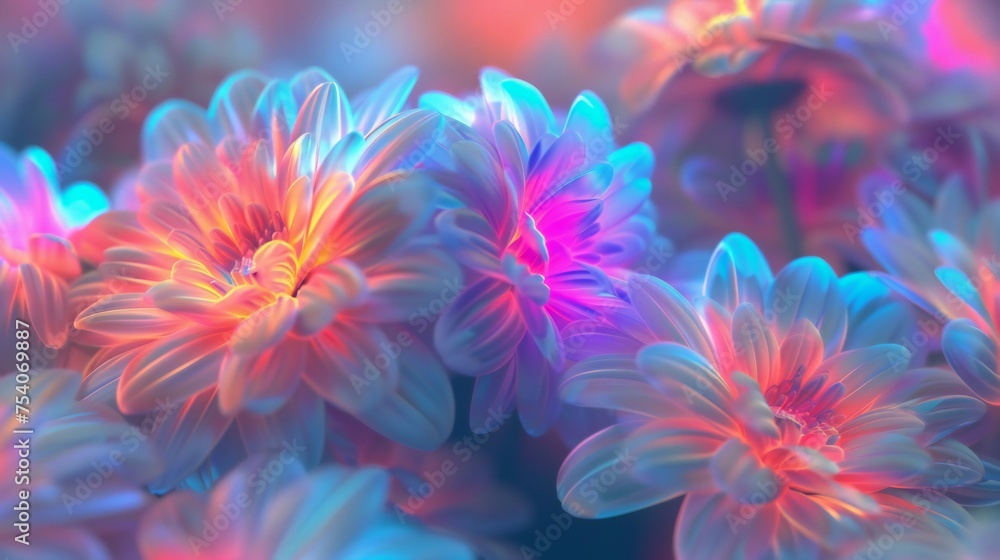 Neon Daisy Cascade: Extreme macro captures the cascading effect of wavy daisy petals bathed in neon light.