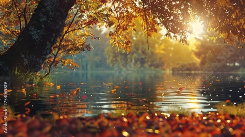 Late afternoon at a lakeside  where the low angle of the sun illuminates the autumn leaves