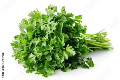A bunch of fresh green parsley is piled on a white background. Ready to be used in a recipe
