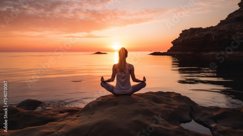 Silhouette of a seated Woman practicing Yoga outdoors on a rocky beach by the sea at Sunset. Sports, Travel, Summer, Training, Meditation, Healthy Lifestyle concepts.