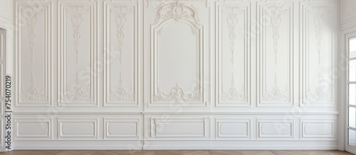 A newly redecorated apartment showcases an empty room featuring a large white wall adorned with classic wall panels and intricate moldings. The space exudes a sense of freshness and modern elegance.