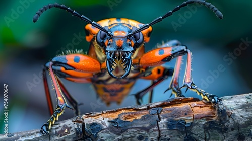 Vivid Orange and Black Tiger Beetle Perched on Jagged Branch, To provide a high-quality, visually stimulating stock photo of a unique insect species photo