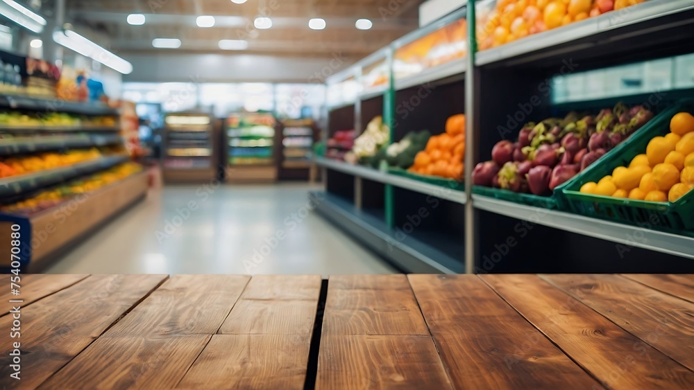 Empty wooden table with beautiful supermarket background, photorealistic