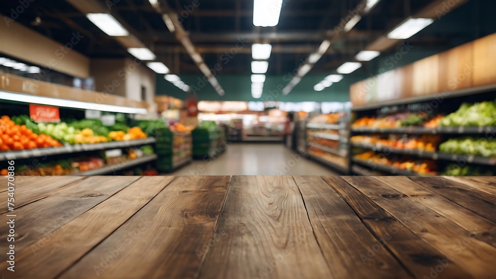 Empty wooden table with beautiful supermarket background, photorealistic