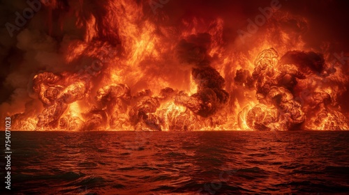 Oceanic Firestorm: Visceral Seascape with Flames Engulfing the Waters