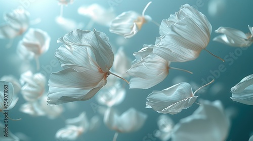 White petals and flowers float in the air. The concept gives off the scent of fabric softener. photo