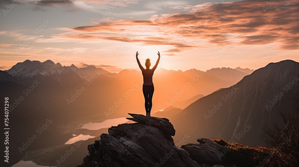 A silhouette of a Woman standing with her arms raised, practicing Yoga in the Mountains at Sunset. Sports, Travel, Summer, Training, Meditation, Healthy Lifestyle concepts.