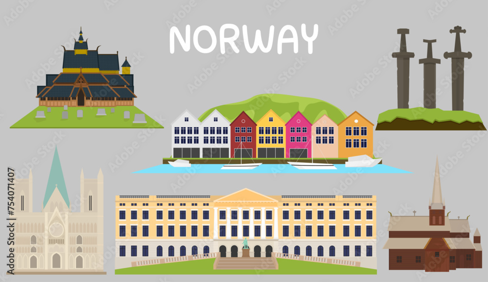 Naklejka premium Set of flat vector illustrations of Norway's landmarks. Cute cartoon style, bright colors
