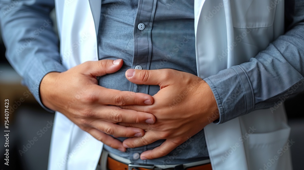 A man is suffering from stomach pain, covering his stomach with a corner, indicating severe abdominal pain. A man is suffering from stomach pain, covering his stomach with a corner, indicating severe abdominal pain.