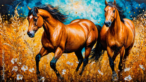 Two horses run gallop in the meadow. Paintings on canvas.