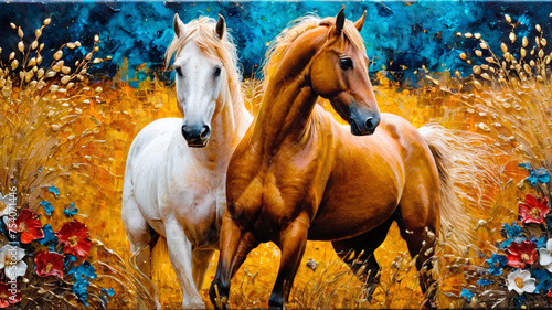 Two horses in a field of flowers. Oil painting on canvas.