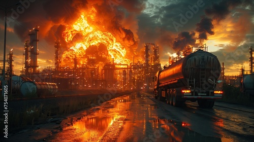 Oil truck catches fire near industrial oil refinery A powerful explosion with a cloud of black smoke.