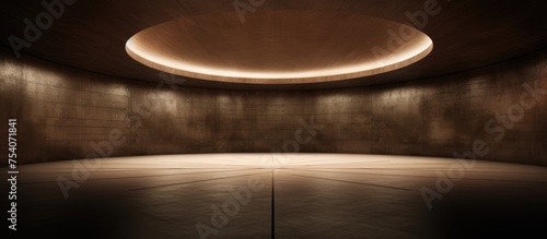 The room is dimly lit, with a circular ceiling casting a soft glow over the space. The concrete walls and smooth interior create an abstract yet intriguing atmosphere.