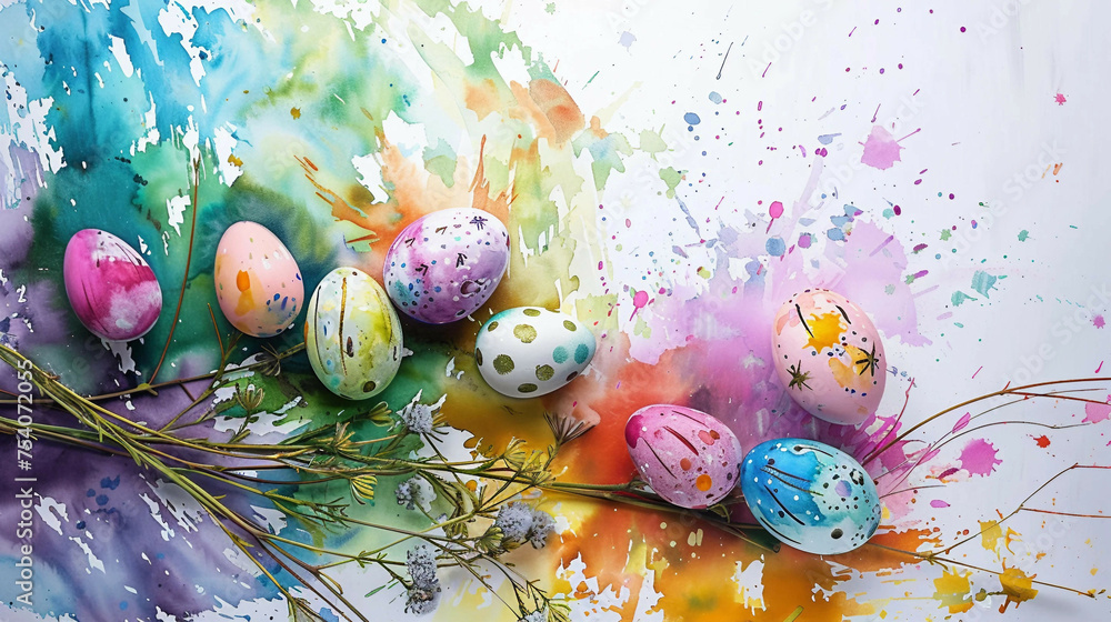 Flatlay Easter Eggs and Baby's Breath Stems on a Watercolor Blotted Surface