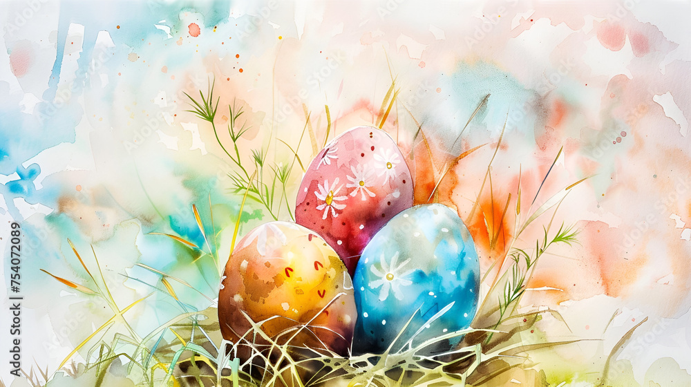 Easter Theme Watercolor Painting of a Nest of Colorful Dyed Eggs Easter Theme Watercolor Painting of a Nest of Colorful Dyed Eggs