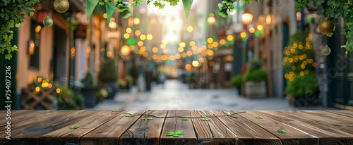 Rustic wooden table with a lively blurred street scene in the background, highlighted by festive string lights and verdant foliage