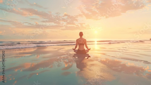 A modern and health conscious woman practicing yoga on a serene beach at sunrise photo