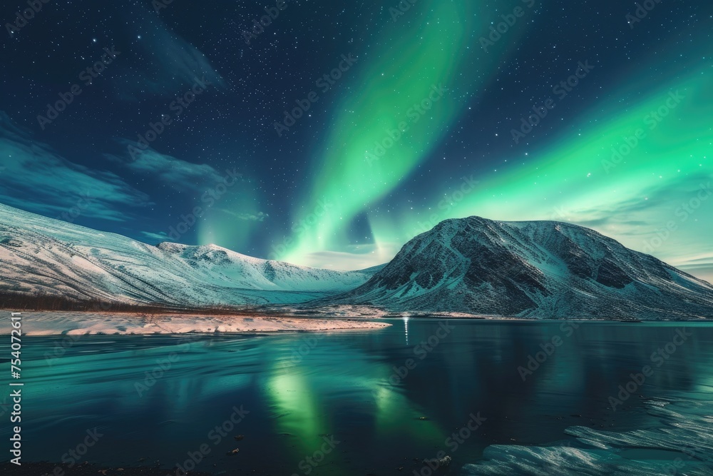 Vivid green and purple auroras illuminating the sky above a serene mountain landscape, blanketed in snow. 8k