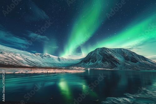 Vivid green and purple auroras illuminating the sky above a serene mountain landscape, blanketed in snow. 8k