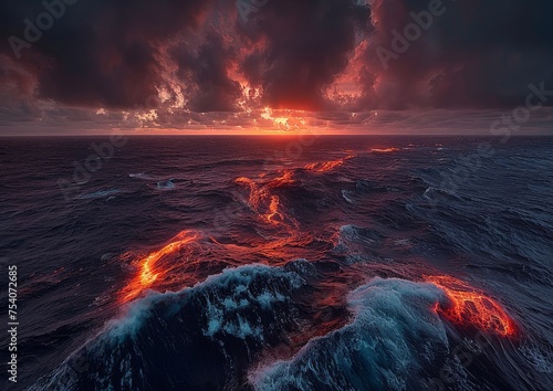 A surreal portrayal of a sea wave imbued with volcanic lava, a powerful representation of nature's untamed forces and the raw beauty of elemental fusion
