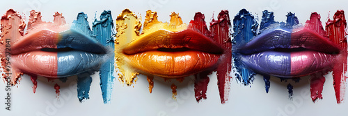 red and yellow painted lips, Vibrant Lipstick Imprints on White Background  © Baloch