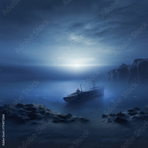 An ancient shipwreck buried deep beneath the waves of a distant alien planet shrouded in mysterymysterious symmetrical twilight hour dark photo