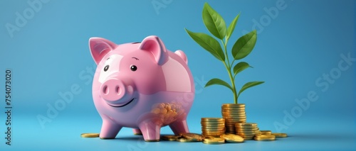 Pink piggy bank, stack of gold coins, and green plant on blue background.