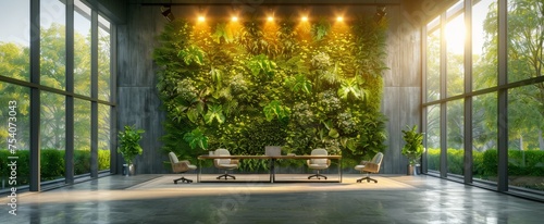Modern office design featuring an impressive vertical garden wall, flooded with natural light and showcasing a sustainable work environment.