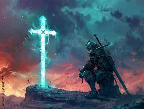 A knight kneeling before a Holy Cross in a fantastic multiverse where cosmic battles align with faith photo