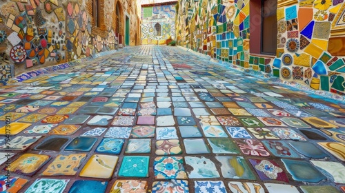 An expansive display of colorful mosaic tiles covering the ground and walls of a large plaza.