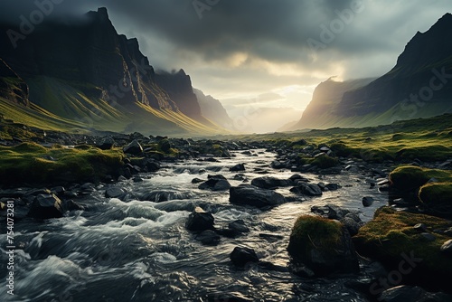 Mystical Valley with River Running Through Cliffs. 